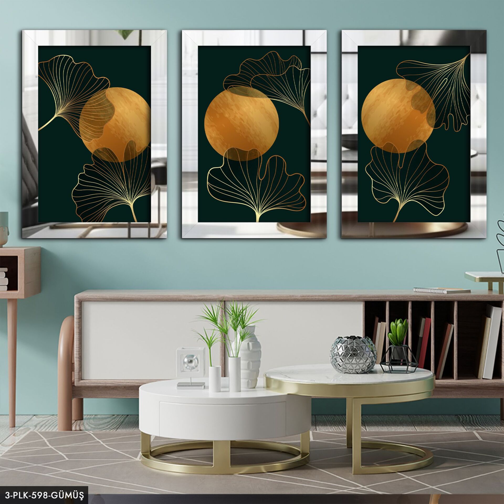 Çiçekler 3 Parça Pleksi Aynalı Tablo 30 x 40 CM - Gümüş