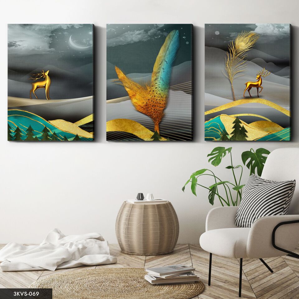 Soyut Sanatsal Geyik 3 Parça Kanvas - Canvas Tablo 40 x 30 CM