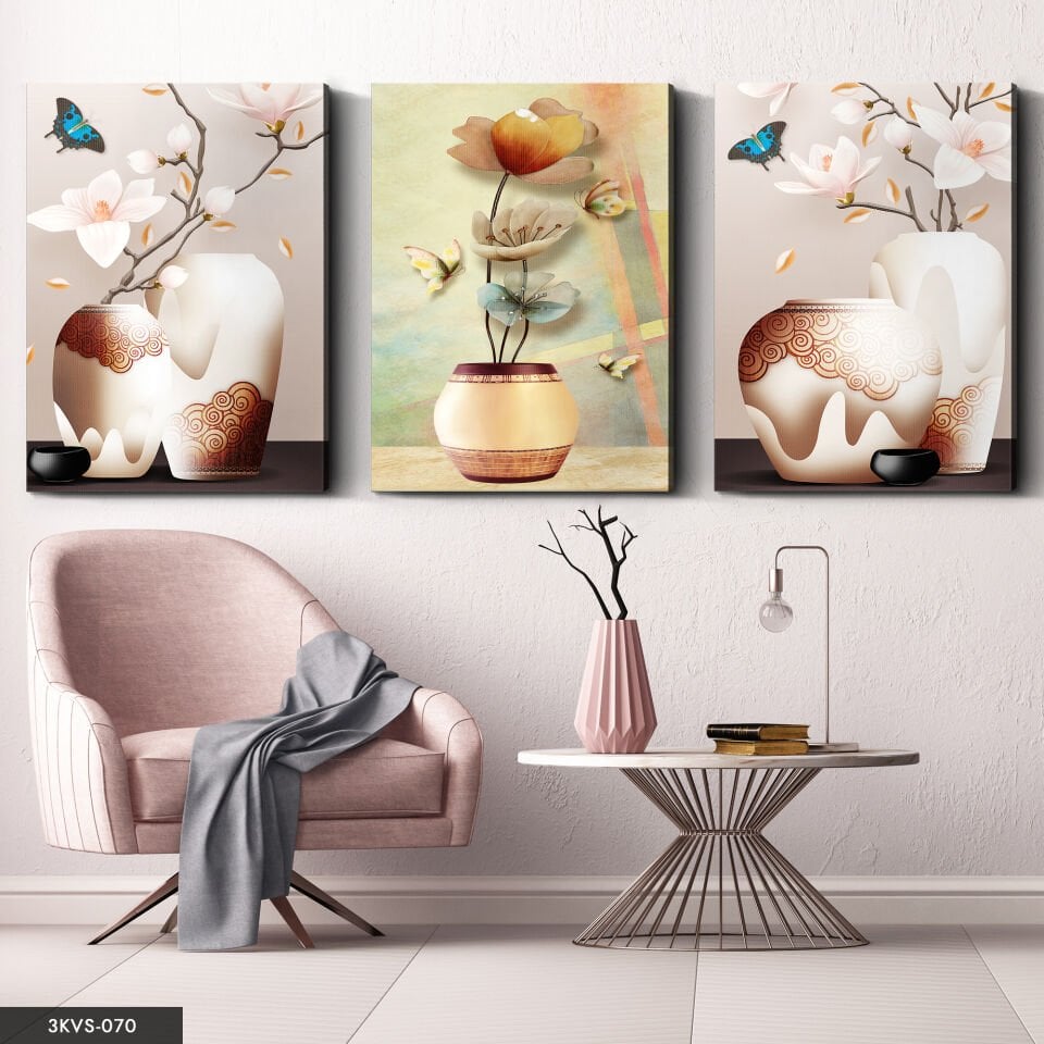 Vazo Çiçek 3 Parça Kanvas - Canvas Tablo 40 x 30 CM