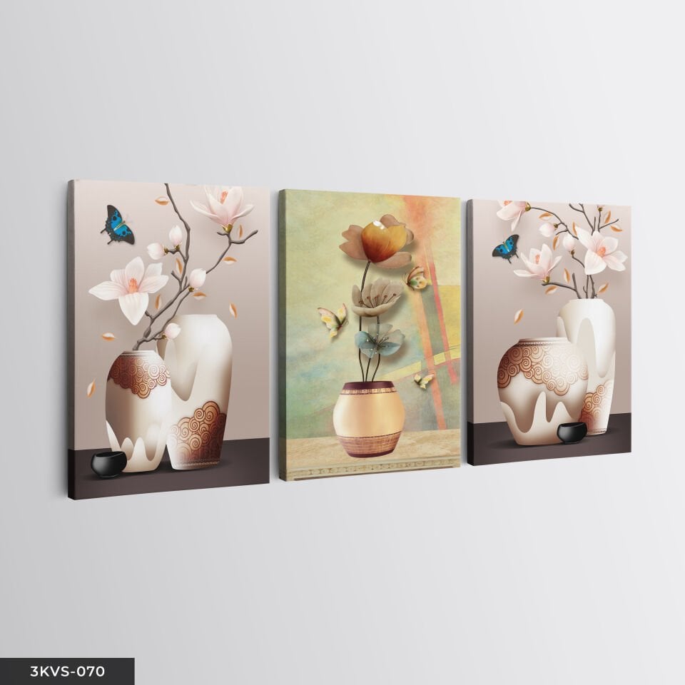 Vazo Çiçek 3 Parça Kanvas - Canvas Tablo 45 x 65 CM