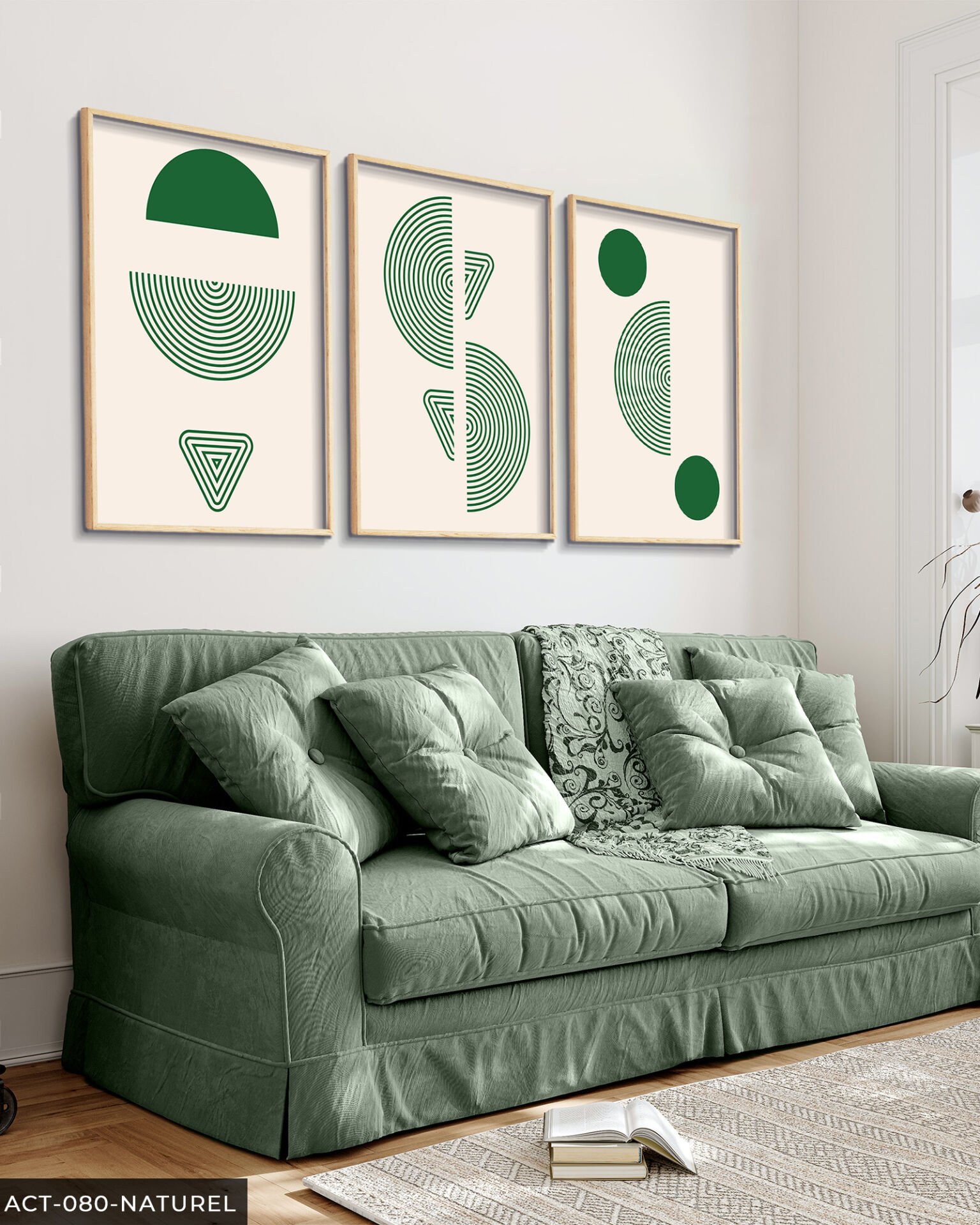 Yeşil Soyut Desen 3 Parça Ahşap Çerçeveli Tablo Naturel - 50 x 70 CM