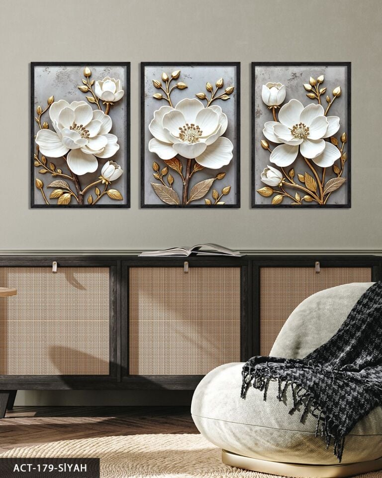 Gold Yapraklı Beyaz Çiçek 3 Parça Ahşap Çerçeveli Tablo ACT Siyah - 20 x 30 CM
