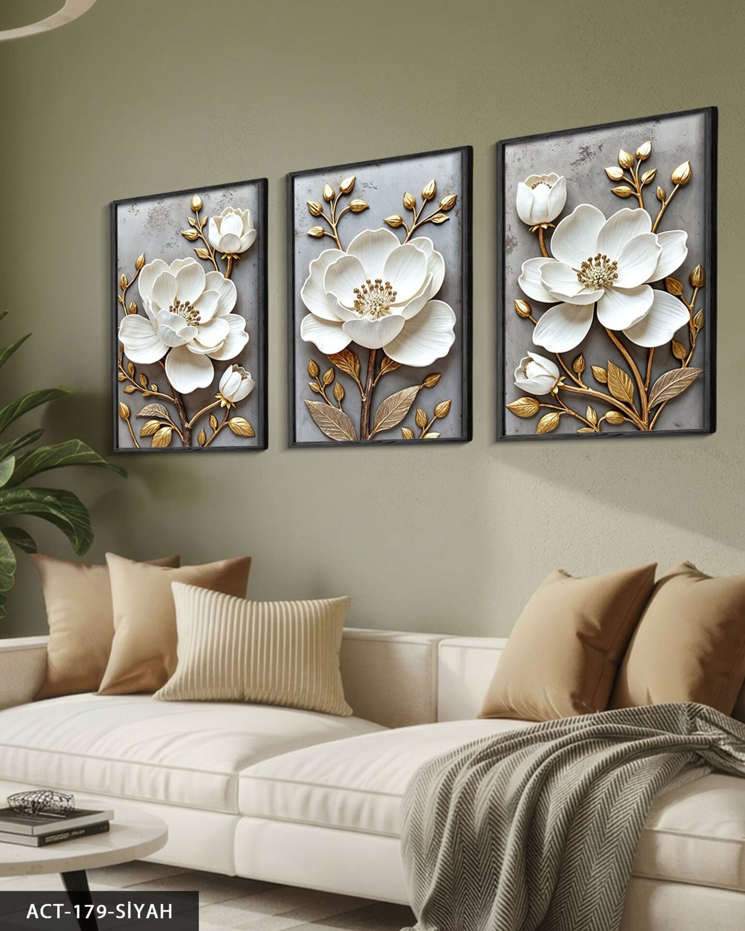 Gold Yapraklı Beyaz Çiçek 3 Parça Ahşap Çerçeveli Tablo ACT Siyah - 20 x 30 CM