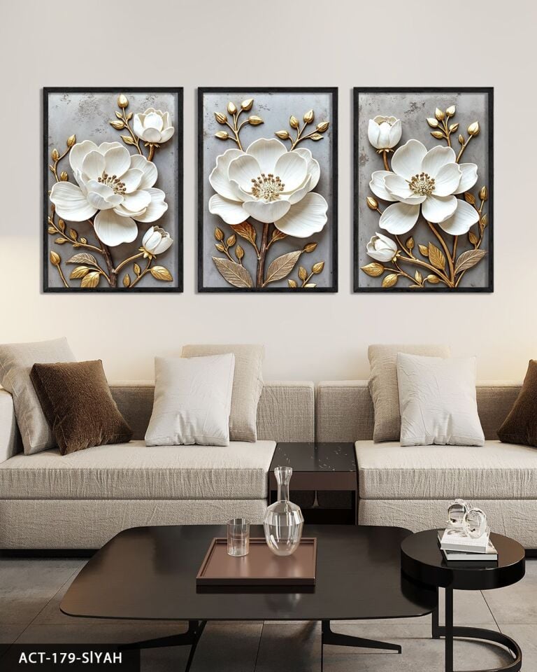 Gold Yapraklı Beyaz Çiçek 3 Parça Ahşap Çerçeveli Tablo ACT Siyah - 20 x 30 CM