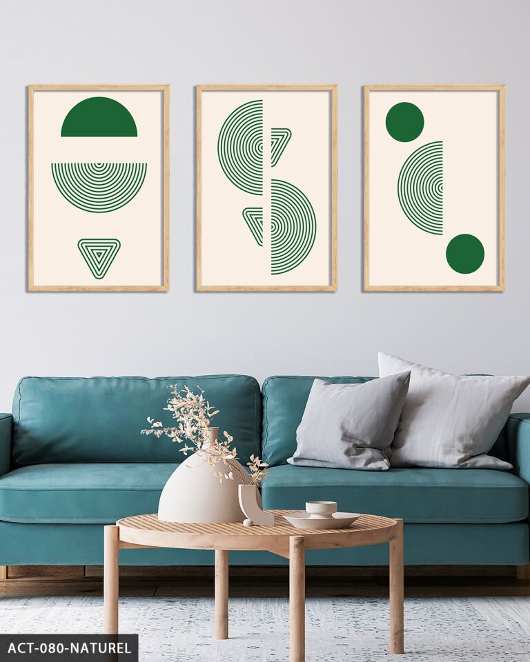 Yeşil Soyut Desen 3 Parça Ahşap Çerçeveli Tablo Naturel - 50 x 70 CM