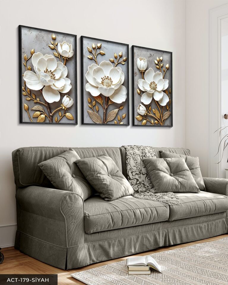 Gold Yapraklı Beyaz Çiçek 3 Parça Ahşap Çerçeveli Tablo ACT Siyah - 30 x 40 CM