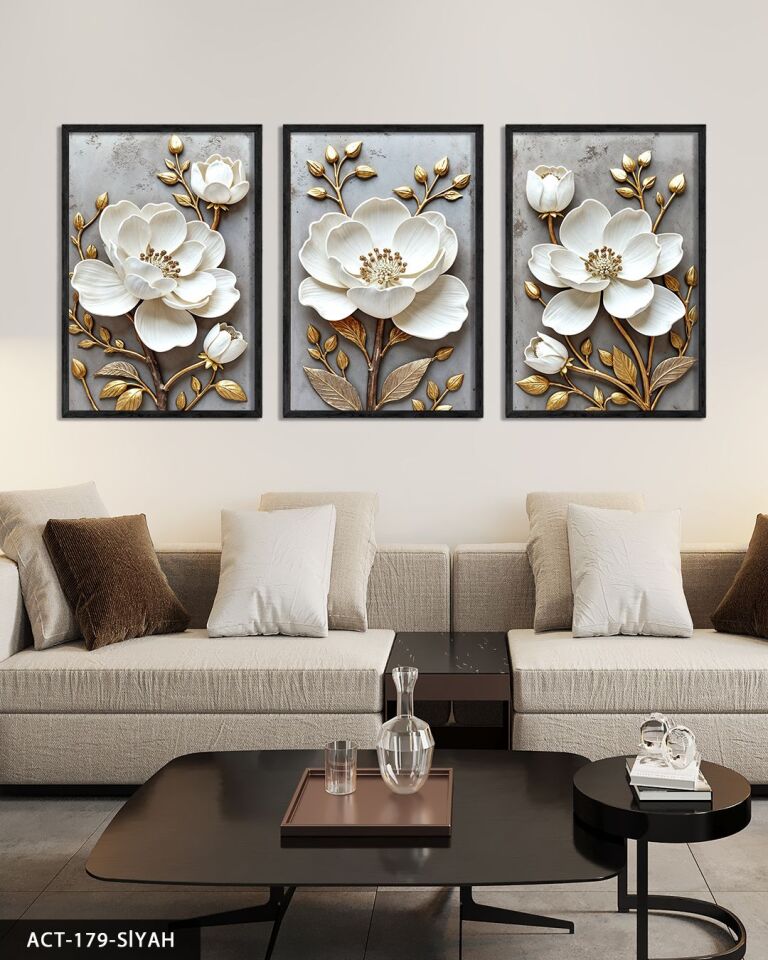 Gold Yapraklı Beyaz Çiçek 3 Parça Ahşap Çerçeveli Tablo ACT Siyah - 30 x 40 CM