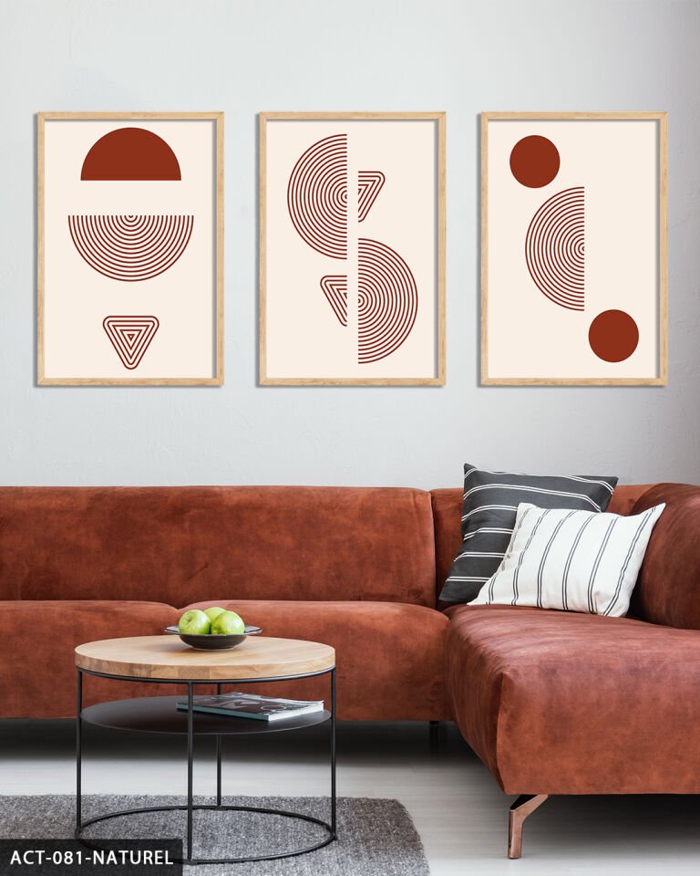 Kırmızı Soyut Desen 3 Parça Ahşap Çerçeveli Tablo Naturel - 50 x 70 CM