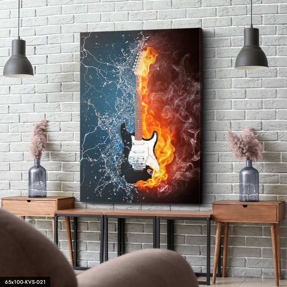 Gitar Ateş Su Kanvas - Canvas Tablo 40 x 30 CM - Çok Renkli
