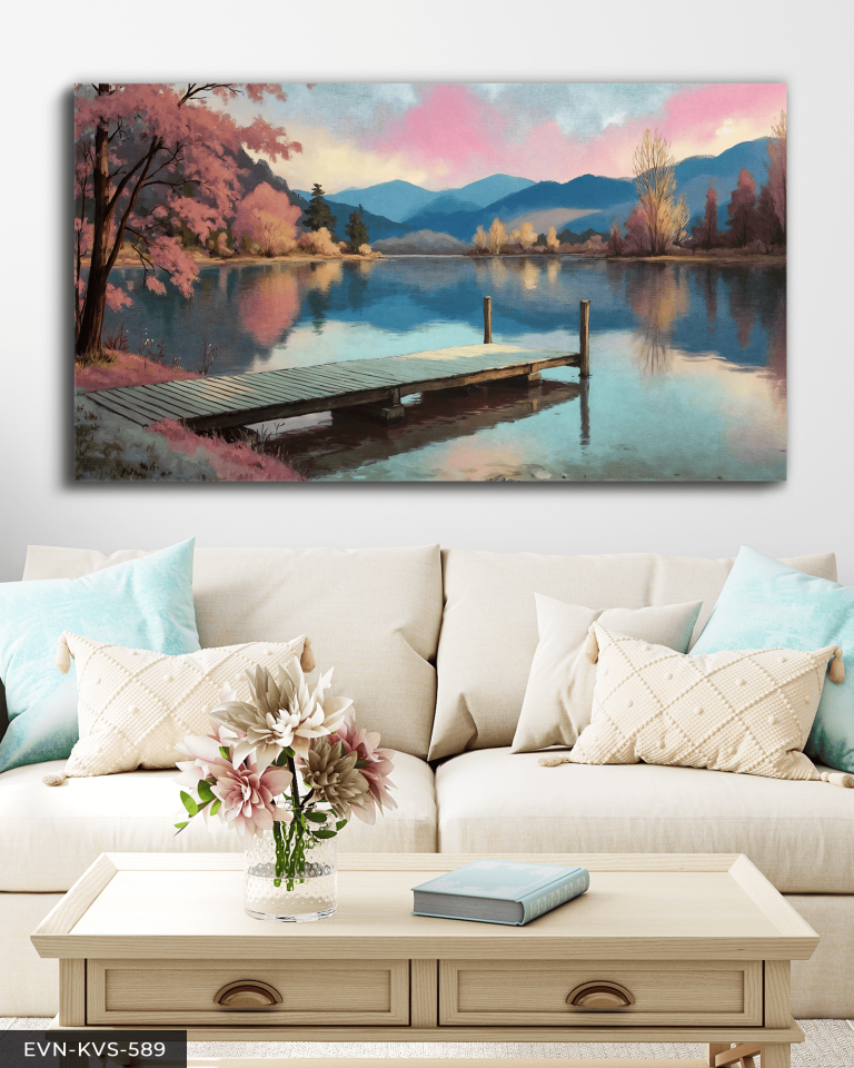 Göl Kenarında Pembe Ağaçlı İskele Tek Parça Kanvas - Canvas Tablo