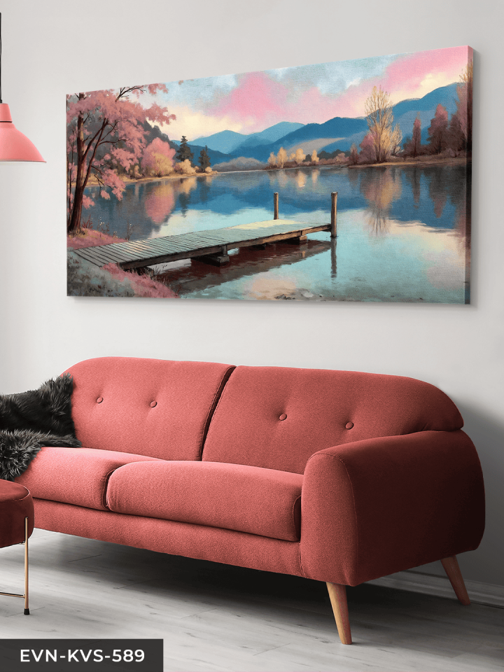 Göl Kenarında Pembe Ağaçlı İskele Tek Parça Kanvas - Canvas Tablo