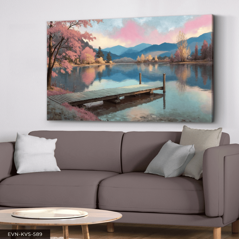 Göl Kenarında Pembe Ağaçlı İskele Tek Parça Kanvas - Canvas Tablo
