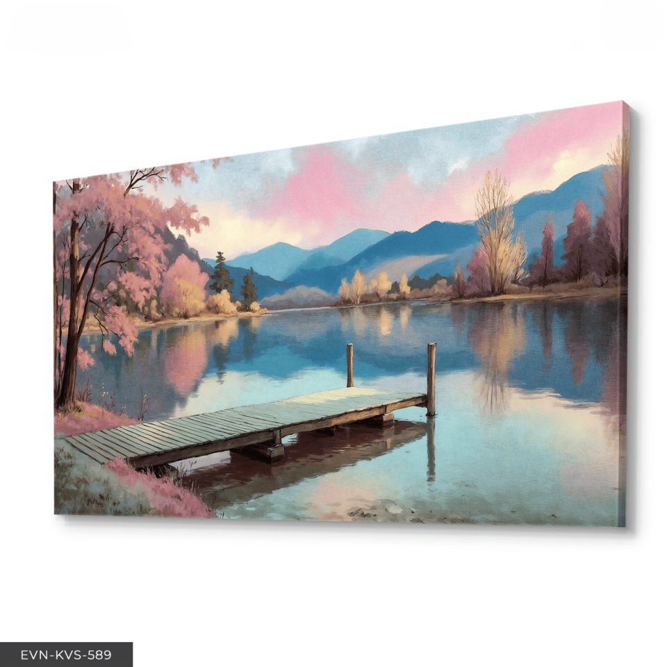 Göl Kenarında Pembe Ağaçlı İskele Tek Parça Kanvas - Canvas Tablo