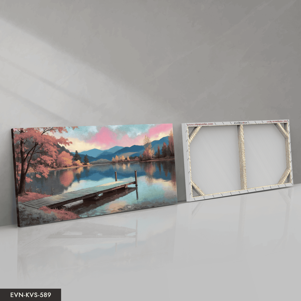Göl Kenarında Pembe Ağaçlı İskele Tek Parça Kanvas - Canvas Tablo