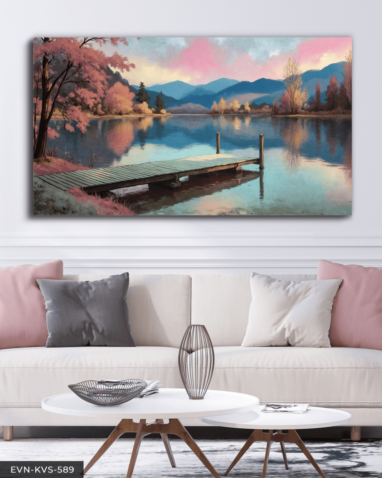 Göl Kenarında Pembe Ağaçlı İskele Tek Parça Kanvas - Canvas Tablo