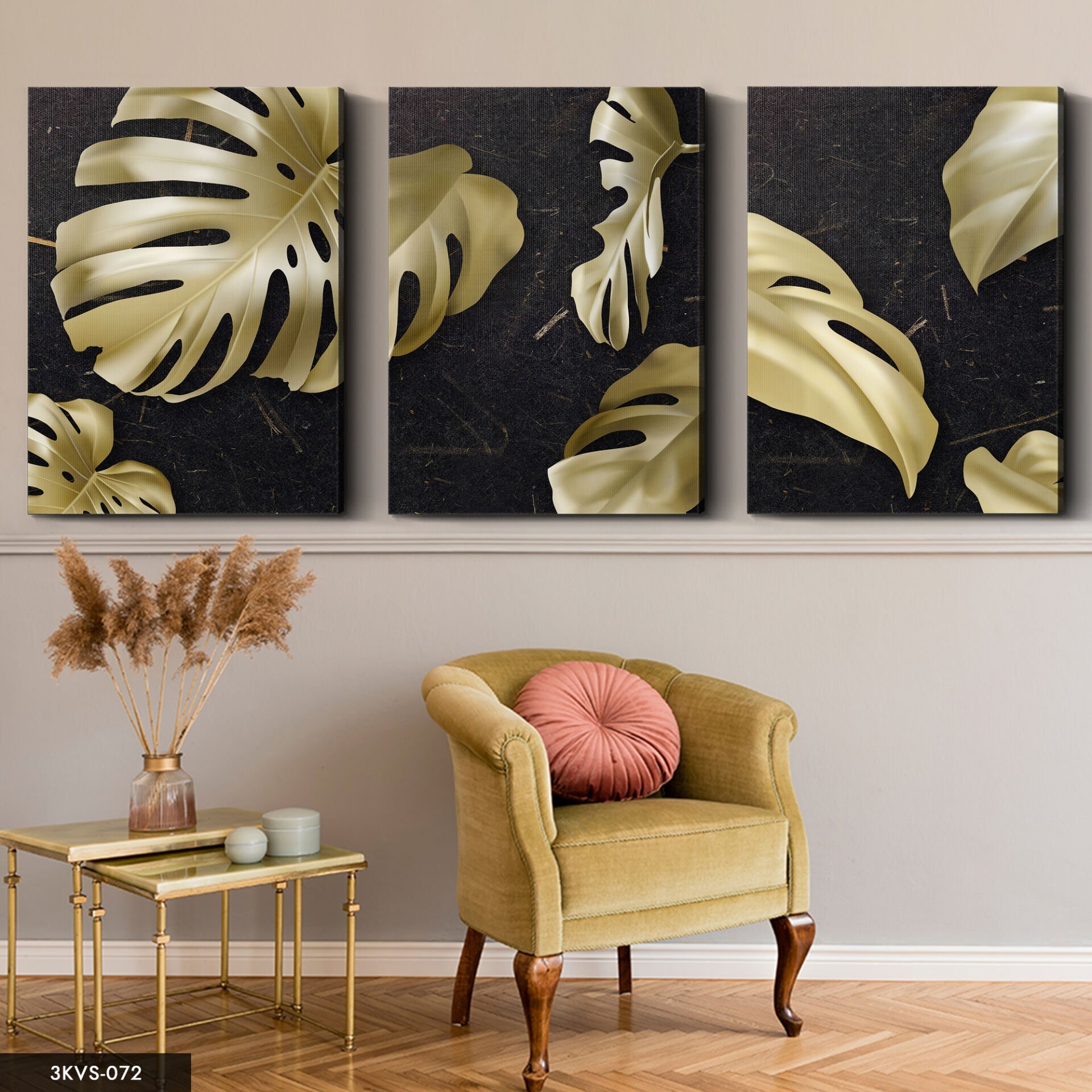 Gold Yaprak 3 Parça Kanvas - Canvas Tablo 40 x 30 CM