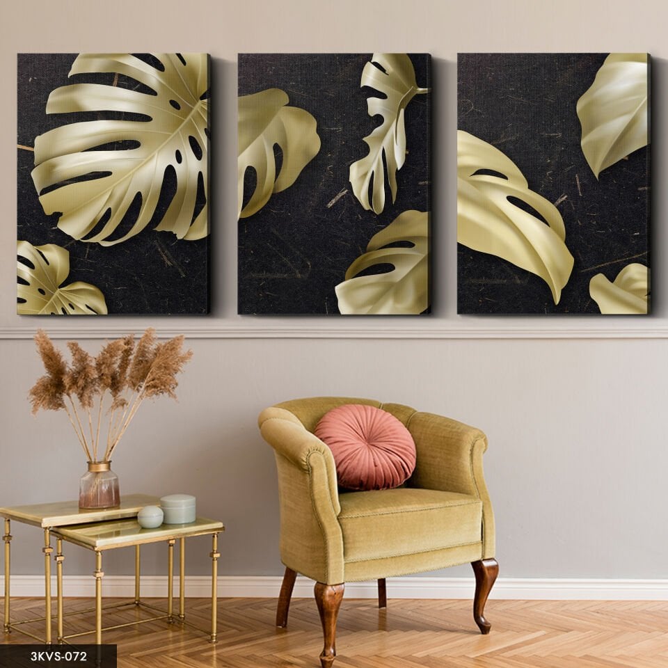 Gold Yaprak 3 Parça Kanvas - Canvas Tablo 40 x 30 CM