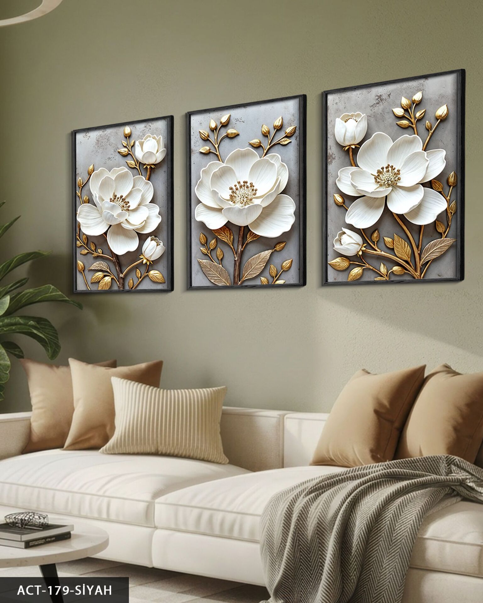 Gold Yapraklı Beyaz Çiçek 3 Parça Ahşap Çerçeveli Tablo ACT Siyah - 40 x 60 CM