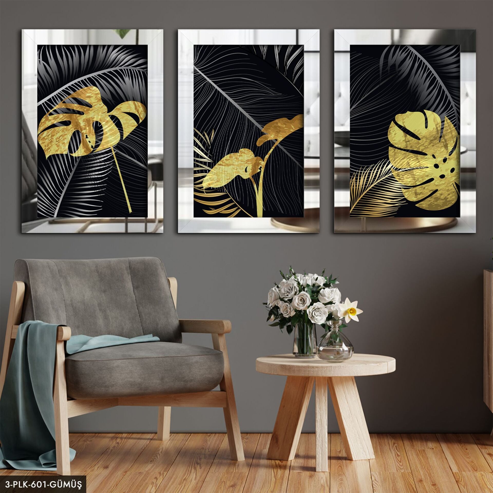 Yaprak Çiçek 3 Parça Pleksi Aynalı Tablo 30 x 40 CM - Gümüş