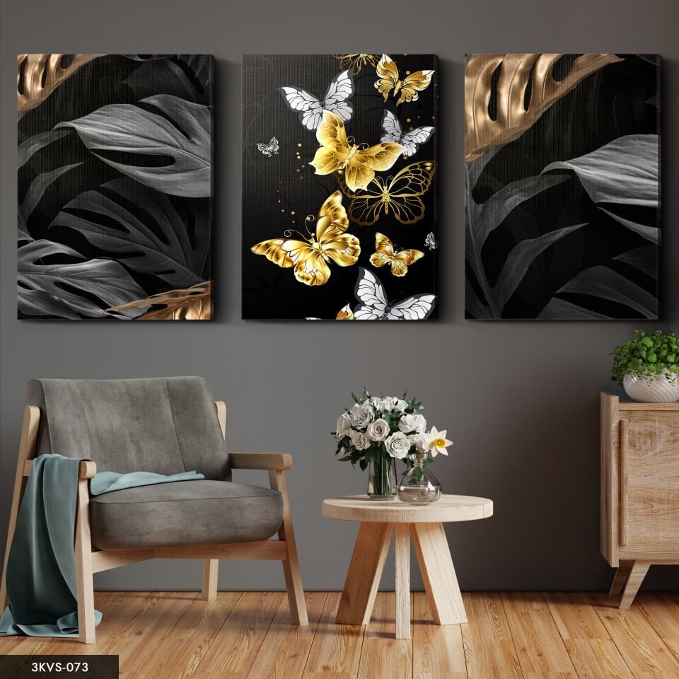 Kelebekler Yaprak 3 Parça Kanvas - Canvas Tablo 40 x 30 CM