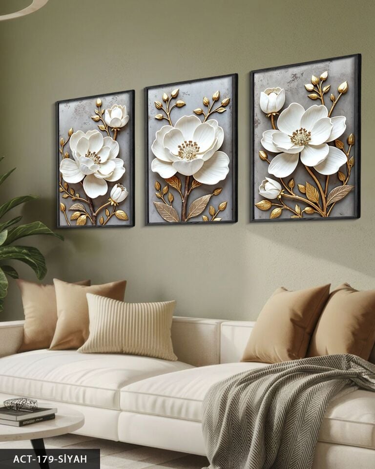 Gold Yapraklı Beyaz Çiçek 3 Parça Ahşap Çerçeveli Tablo ACT Siyah - 50 x 70 CM