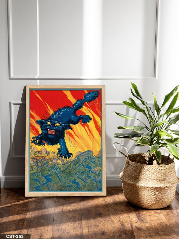 Vahşi Siyah Kedi Tek Parça Ahşap Çerçeveli Tablo Naturel - 30 x 40 CM