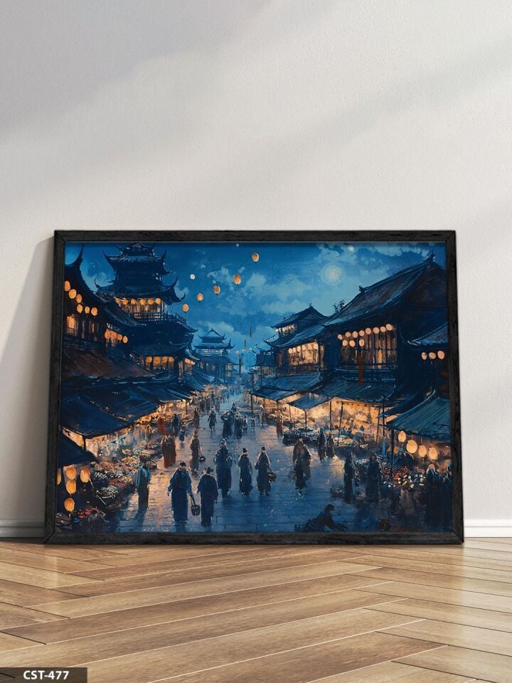 Gece Pazarı Tek Parça Ahşap Çerçeveli Tablo Siyah - 20 x 30 CM