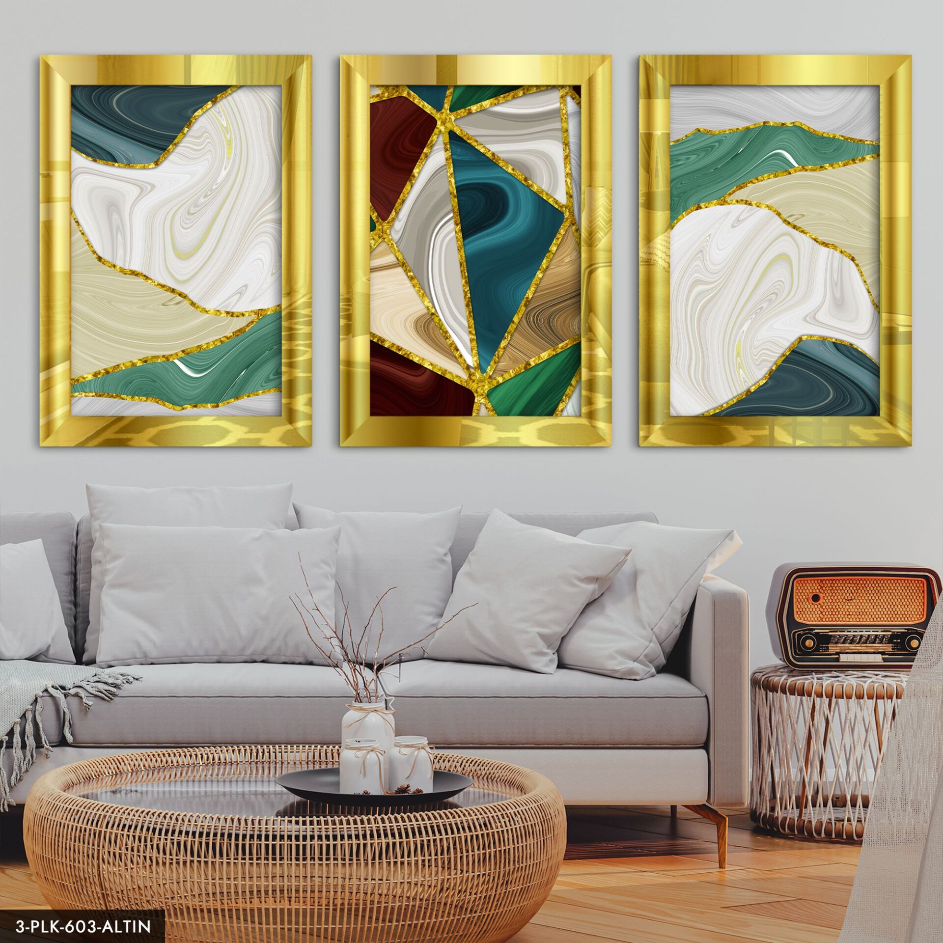 Soyut 3 Parça Pleksi Aynalı Tablo 30 x 40 CM - Gold