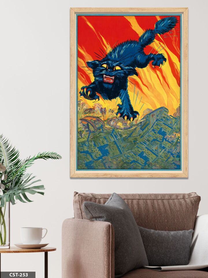 Vahşi Siyah Kedi Tek Parça Ahşap Çerçeveli Tablo Naturel - 30 x 40 CM