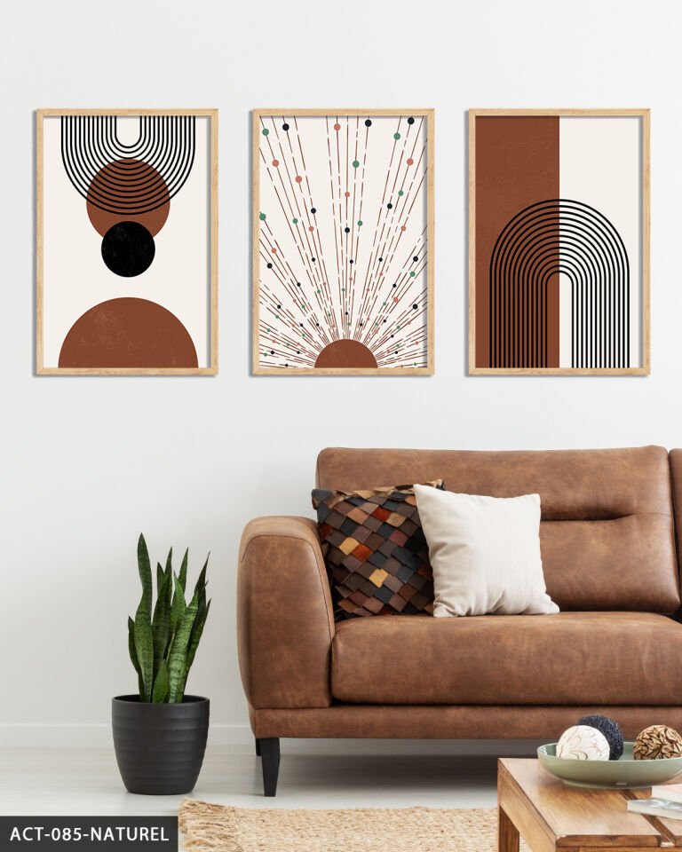 Soyut Desenler 3 Parça Ahşap Çerçeveli Tablo Naturel - 50 x 70 CM