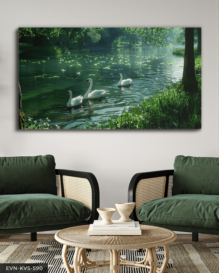 Gölde Yüzen Kuğular Tek Parça Kanvas - Canvas Tablo