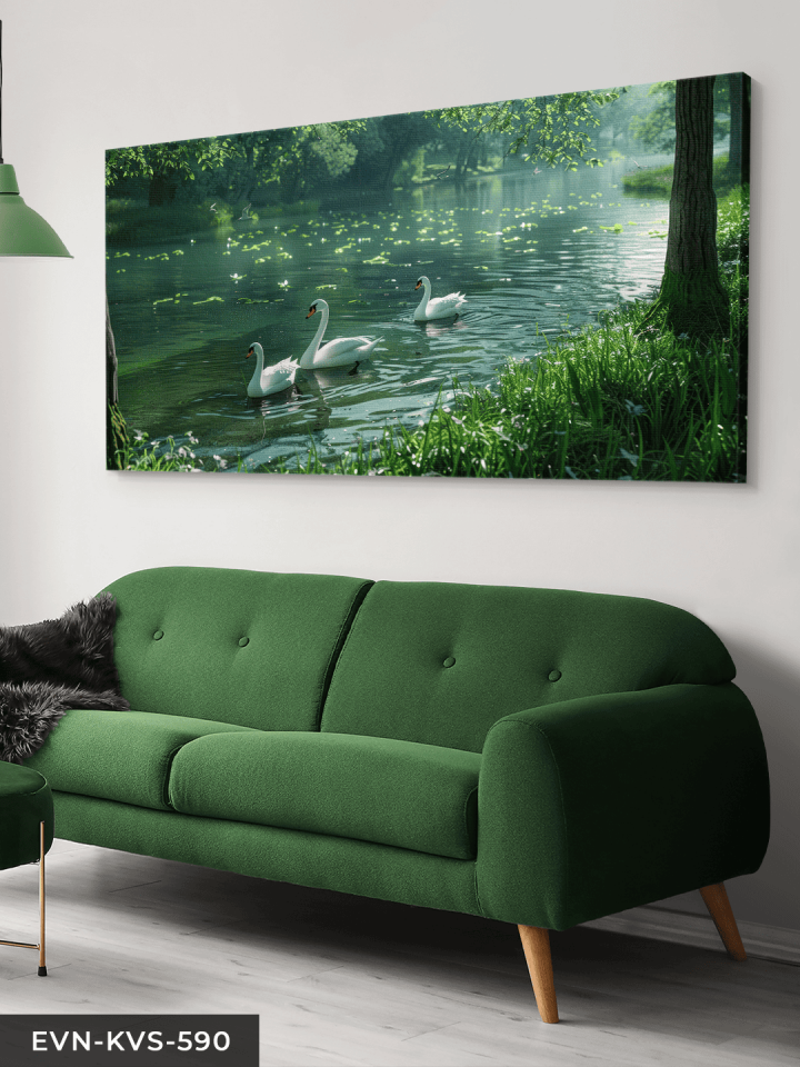 Gölde Yüzen Kuğular Tek Parça Kanvas - Canvas Tablo