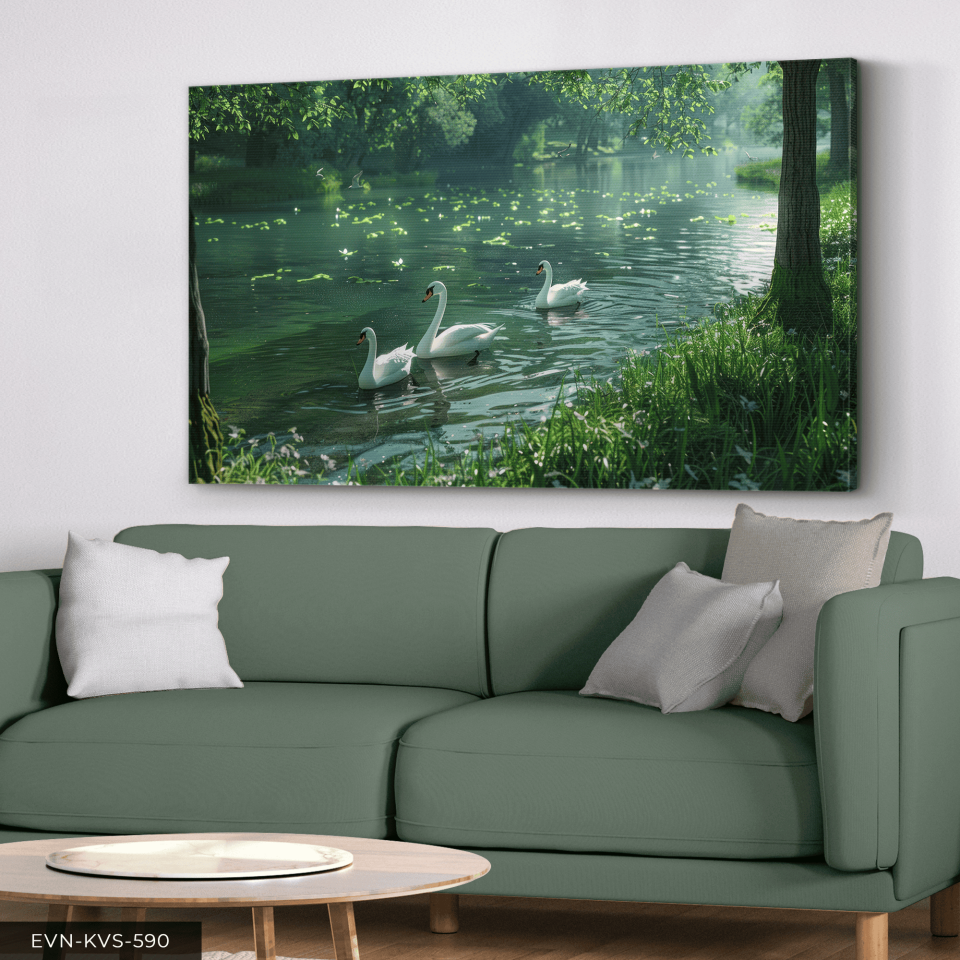 Gölde Yüzen Kuğular Tek Parça Kanvas - Canvas Tablo