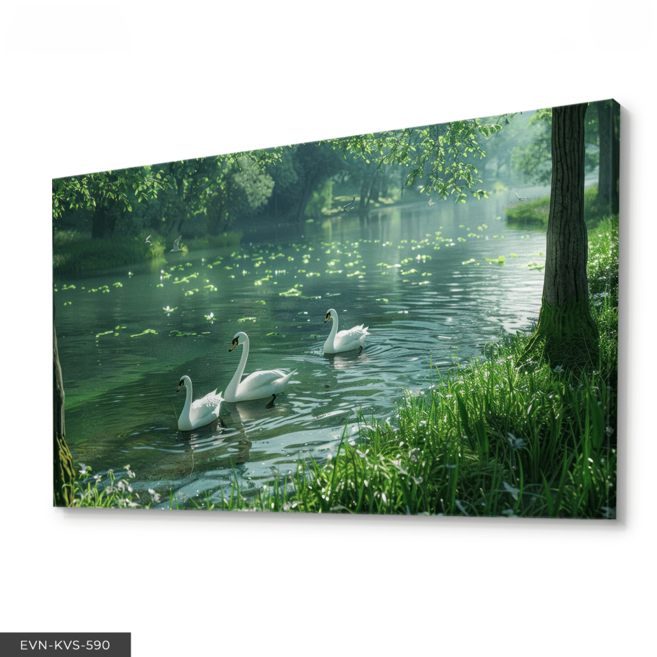 Gölde Yüzen Kuğular Tek Parça Kanvas - Canvas Tablo