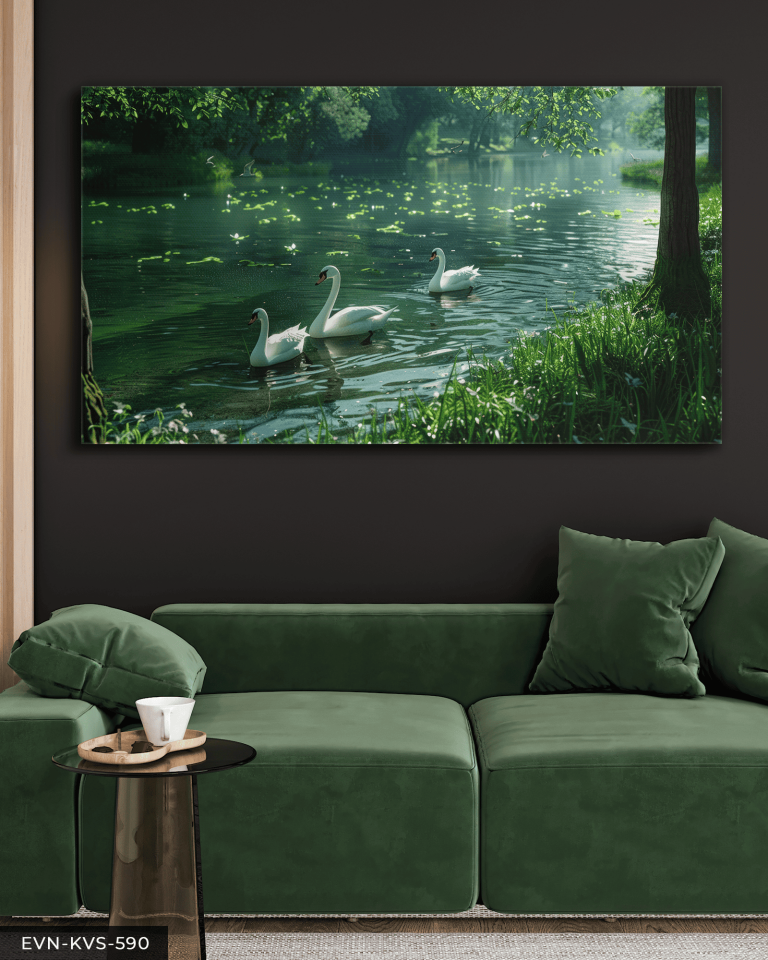 Gölde Yüzen Kuğular Tek Parça Kanvas - Canvas Tablo