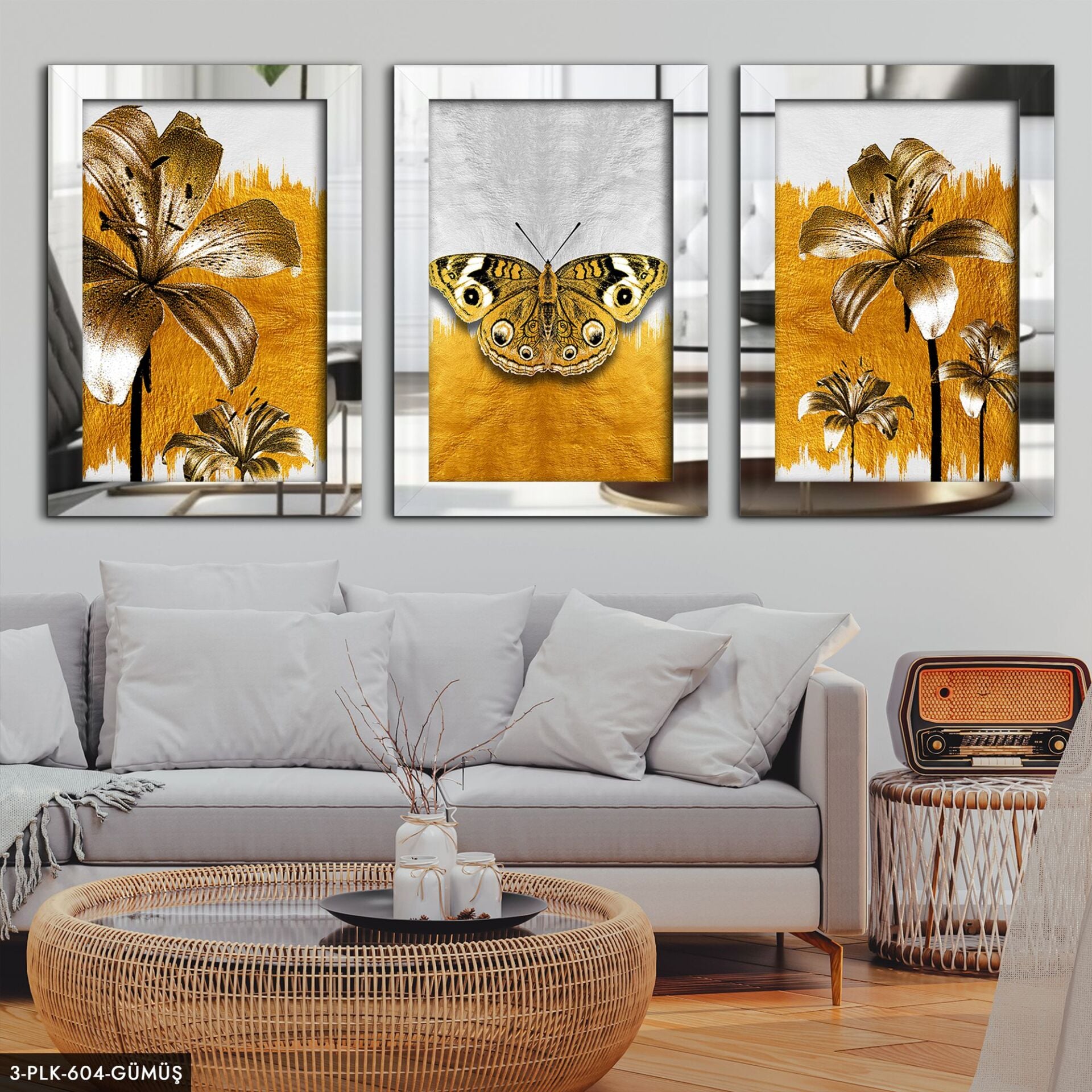 Kelebek Çiçek 3 Parça Pleksi Aynalı Tablo 30 x 40 CM - Gümüş