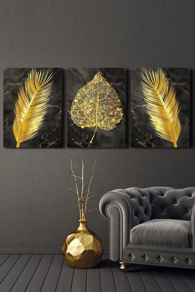 Gold Tüy Yaprak 3 Parça Kanvas - Canvas Tablo 45 x 65 CM