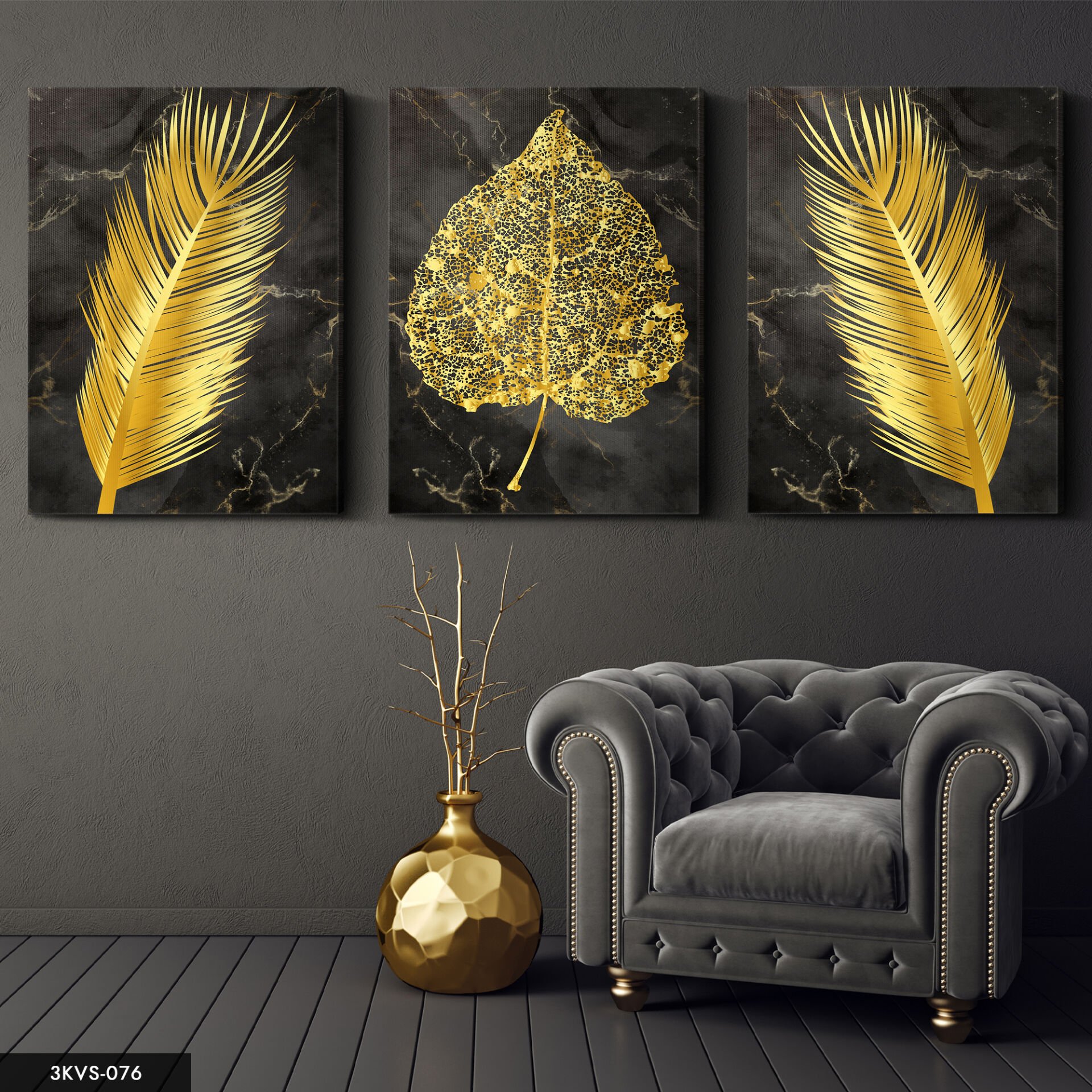 Gold Tüy Yaprak 3 Parça Kanvas - Canvas Tablo 40 x 30 CM