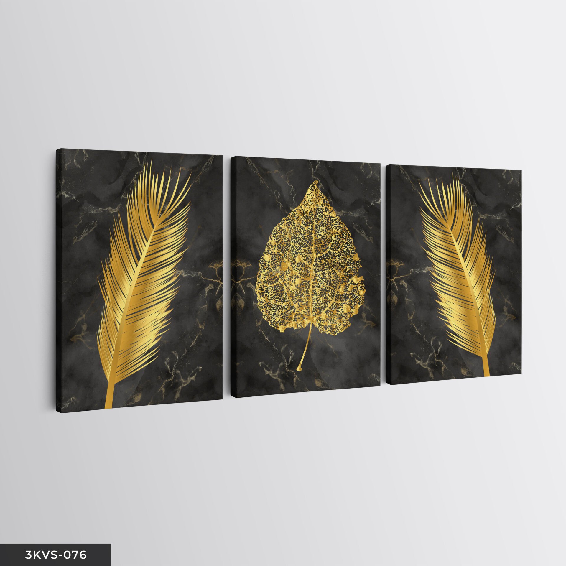 Gold Tüy Yaprak 3 Parça Kanvas - Canvas Tablo 40 x 30 CM