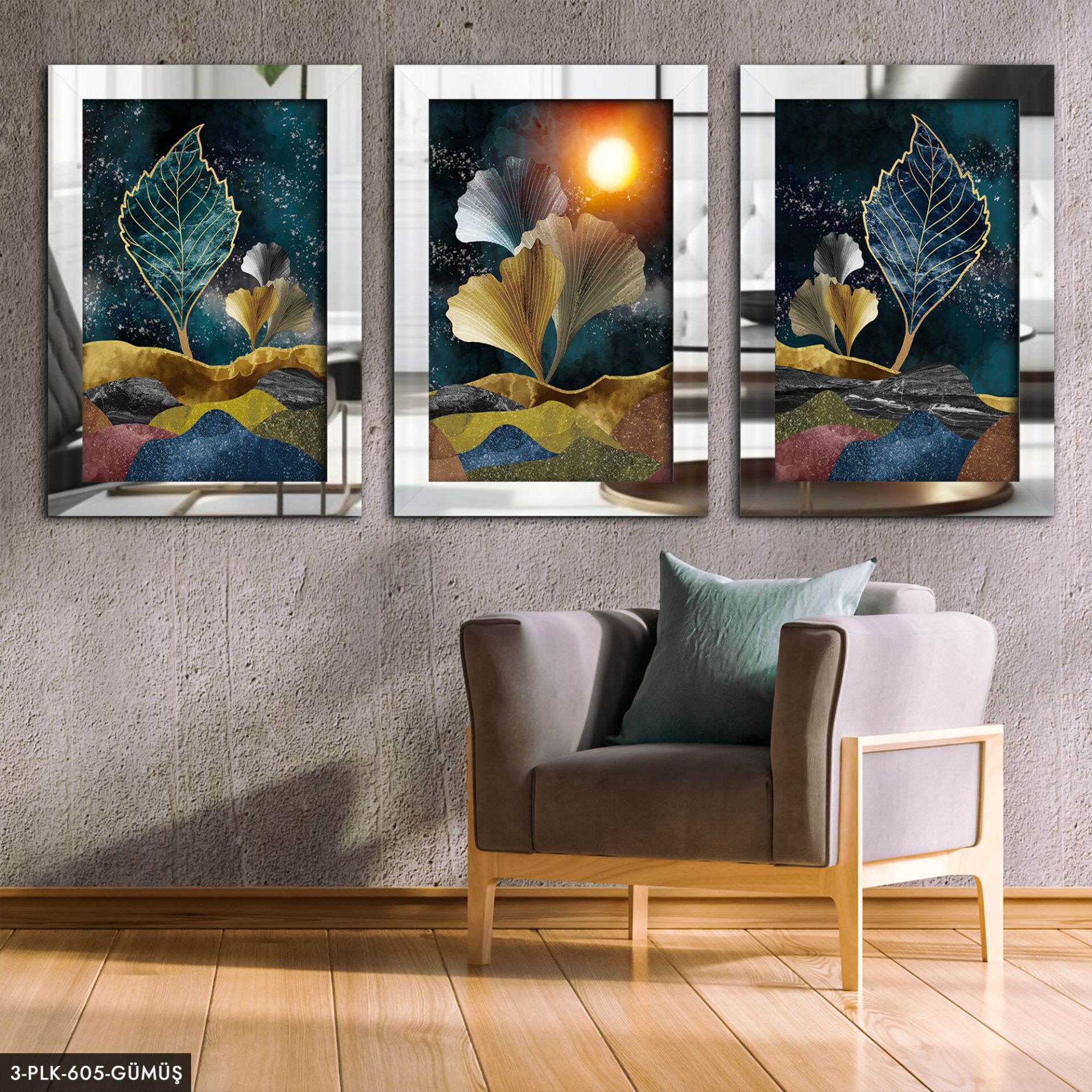 Yaprak Çiçek 3 Parça Pleksi Aynalı Tablo 30 x 40 CM - Gümüş