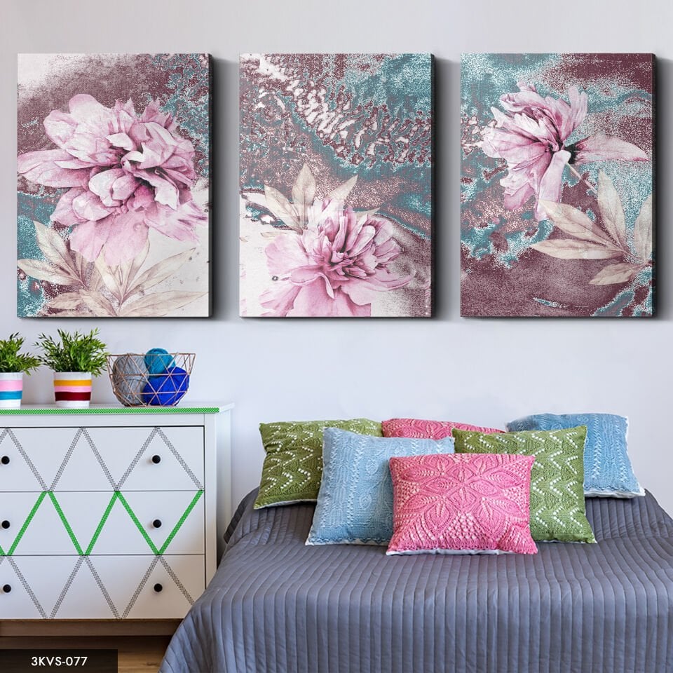 Mavi Detaylı Pembe Çiçekler 3 Parça Kanvas - Canvas Tablo 45 x 65 CM
