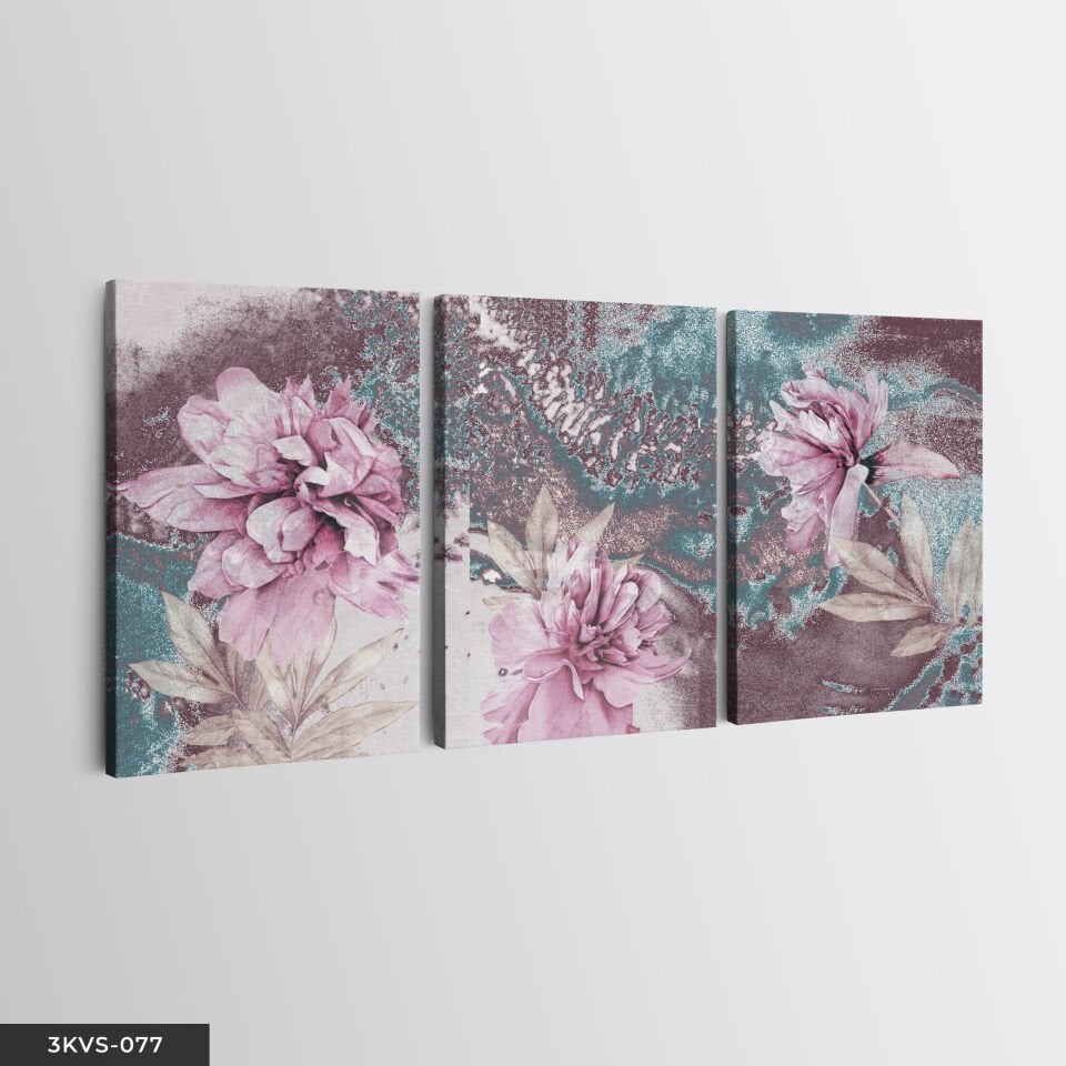 Mavi Detaylı Pembe Çiçekler 3 Parça Kanvas - Canvas Tablo 45 x 65 CM