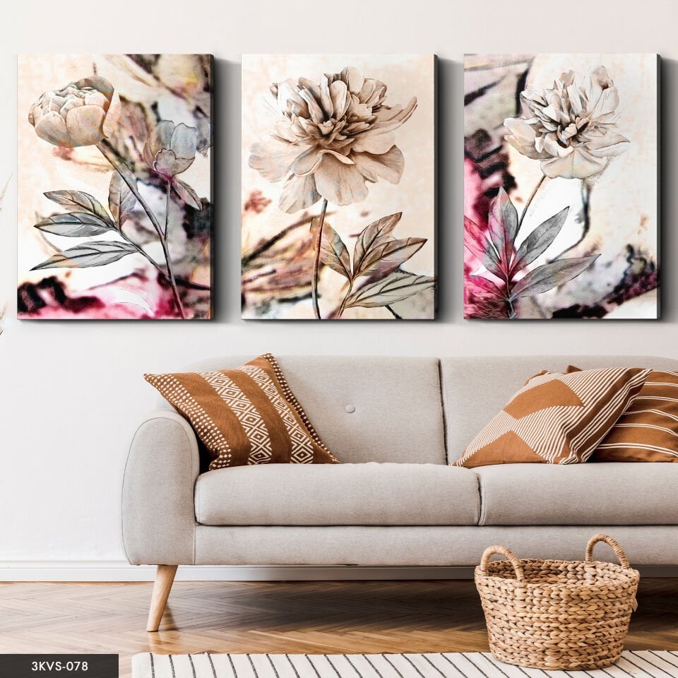 Kahverengi Çiçekler 3 Parça Kanvas - Canvas Tablo 45 x 65 CM