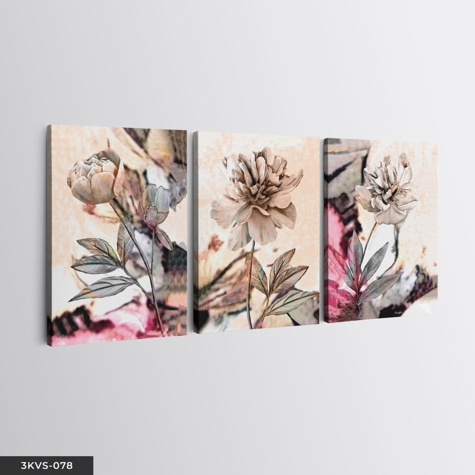 Kahverengi Çiçekler 3 Parça Kanvas - Canvas Tablo 45 x 65 CM