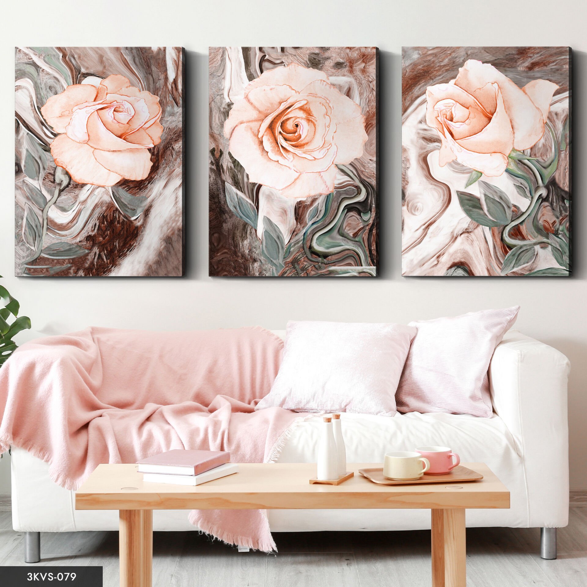 Pembe Gül 3 Parça Kanvas - Canvas Tablo 40 x 30 CM