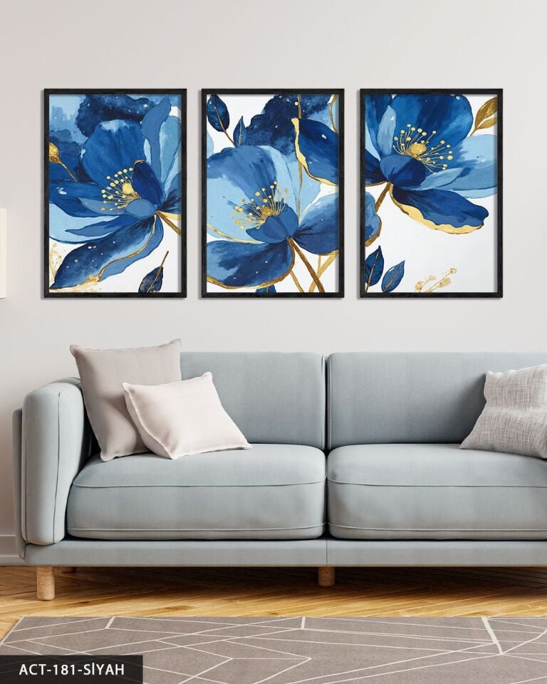 Gold Detaylı Mavi Çiçek 3 Parça Ahşap Çerçeveli Tablo ACT Siyah - 20 x 30 CM