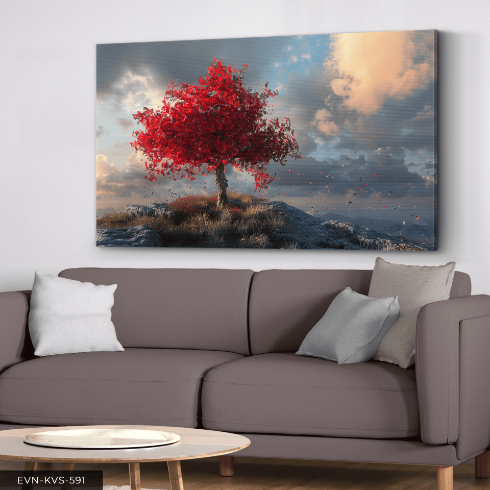 Kırmızı Ağaç Tek Parça Kanvas - Canvas Tablo
