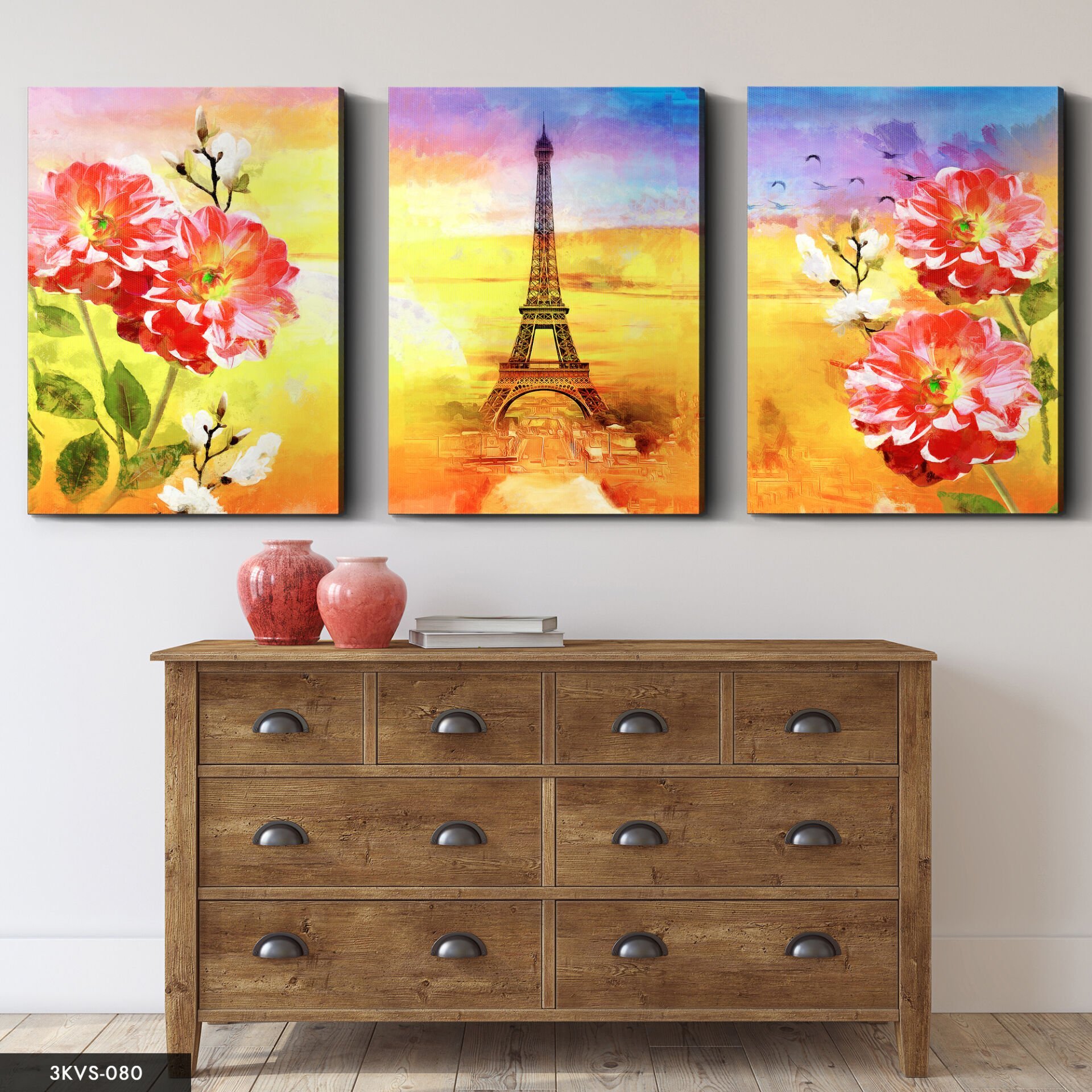 Eyfel Kulesi ve Kırmızı Çiçekler 3 Parça Kanvas - Canvas Tablo 40 x 30 CM