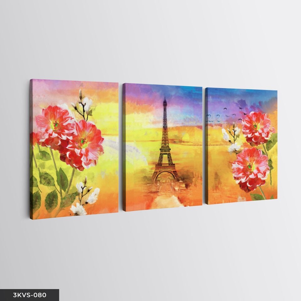 Eyfel Kulesi ve Kırmızı Çiçekler 3 Parça Kanvas - Canvas Tablo 45 x 65 CM