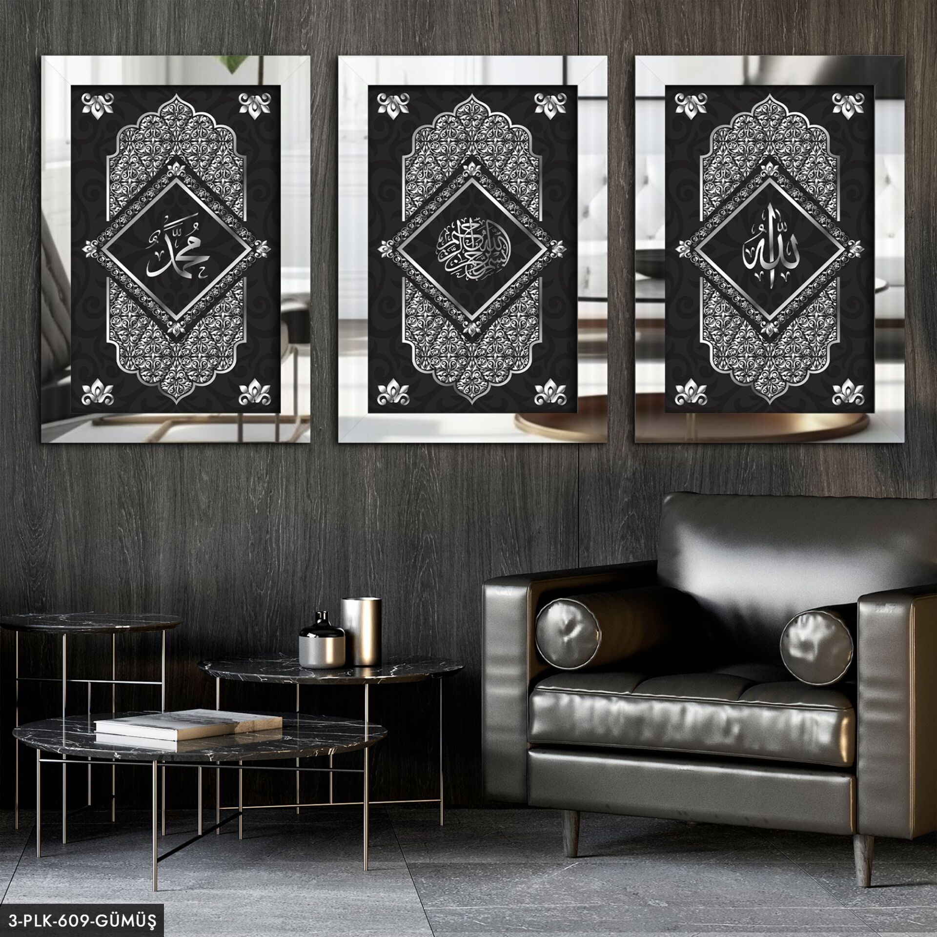 Allah Muhammed Besmele 3 Parça Pleksi Aynalı Tablo 30 x 40 CM - Gümüş